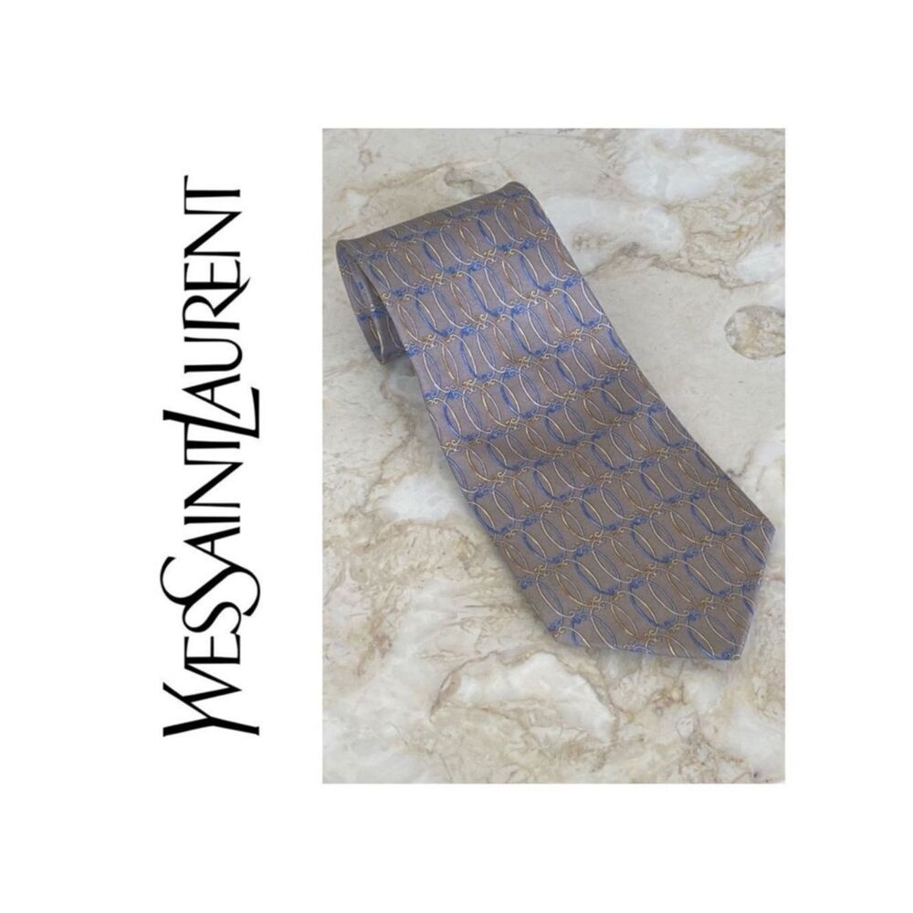 Yves Saint Laurent 100% Silk Grey Blue & Yellow Printed Tie